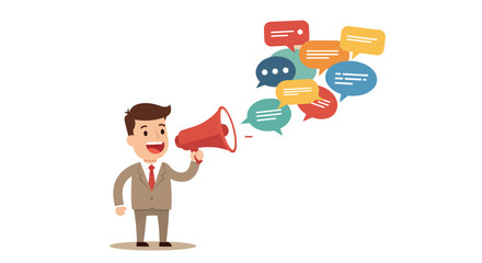 Illustration of man using megaphone with colorful speech bubbles for communication