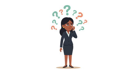 Confused hispanic female adult in business attire with question marks