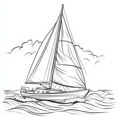 Black and White Line Drawing Sailboat on Ocean Waves under Cloudy Sky