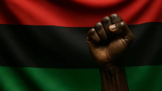 Black History Month USA 2026.  A raised black fist in front of the Pan-African flag red, black, and green colors &mdash; video and Black History Month in the USA