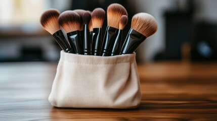 A makeup brush set elegantly displayed in a soft velvet pouch