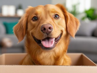 Joyful dog eagerly awaits relocation while sitting in a cardboard box surrounded by household items