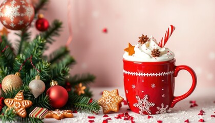 Festive Hot Chocolate Scene with Christmas Tree and Gingerbread Cookies