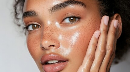 A model gently pressing a hydrating face mist onto her skin, looking refreshed and radiant