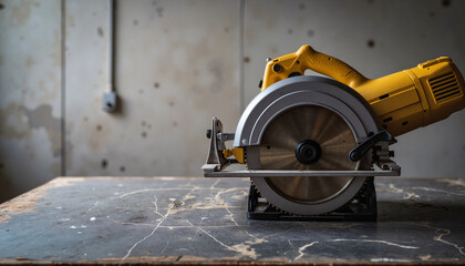 Electric circular saw on a wooden workbench in a workshop setting  