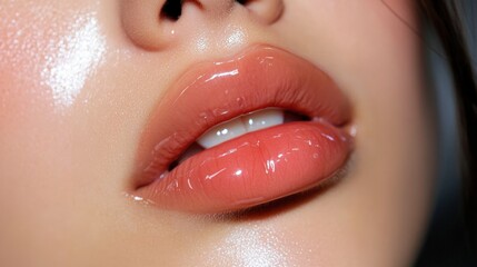 A model pressing a glossy lip tint onto her lips, the color melting in with a natural effect