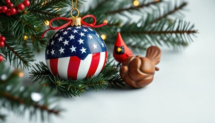 Festive American Flag Ornament on a Christmas Tree, Holiday Decoration