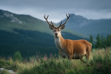 A majestic red deer, with prominent antlers, stands proudly amidst a verdant hillside on an overcast day.
