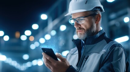 A male engineer in safety gear uses a smartphone in a high-tech industrial setting with bright lights.