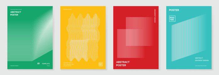 Abstract line wave gradient poster background vector set. Minimalist cover template with vibrant perspective line wave in motion. Ideal design for social media, cover, banner, flyer, music, ads.