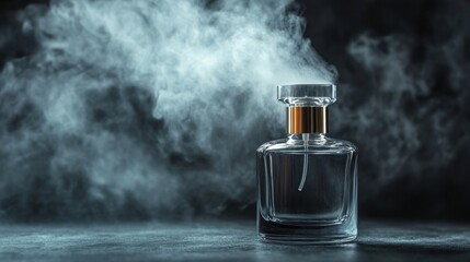 A vintage glass perfume atomizer releasing a fine mist of fragrance
