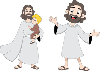 Cartoon Jesus Characters Vector Illustration with Child and Open Arms