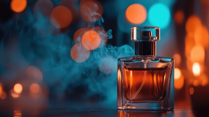 A vintage glass perfume atomizer releasing a fine mist of fragrance