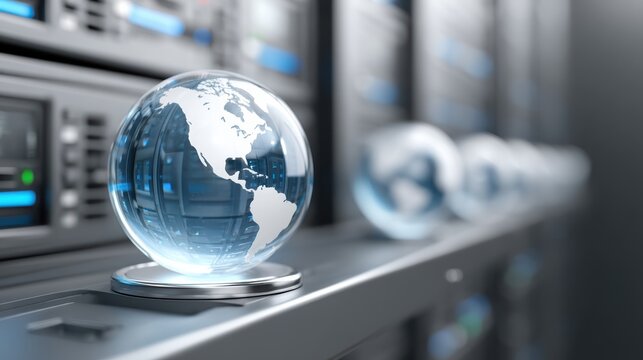 A glass globe sits on a server rack in a data center, representing global connectivity and technology.