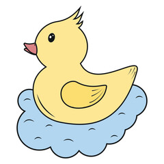 Yellow duck toy. Inflatable rubber duck. Vector illustration, flat design element, cartoon style, isolated on white background, side view.