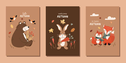A set of modern flat autumn posters with cute animals. Funny bear, rabbit, squirrel and fox. Vector design for posters, backgrounds, postcards and more.