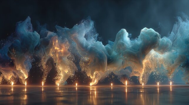 Ethereal clouds of blue-hued smoke billow and swirl in a mysterious dance against a dark, moody background, interspersed with streaks of golden-orange resembling a fire's glow. Sparkling particles sca