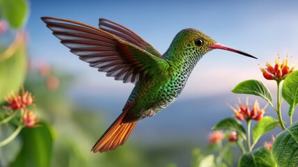Fototapeta premium Colorful hummingbird flying and approaching a flower