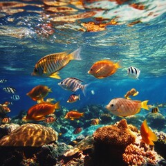 Fototapeta premium Colorful Tropical Fish Swimming in Clear Blue Ocean Waters