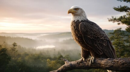 Fototapeta premium Majestic bald eagle perched on branch overlooking misty valley at sunrise