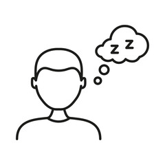 Person Thinking About Sleep Line Icon. Rest, Relaxation, And Dreaming Outline Symbol. Sleepy Thoughts And Mental Fatigue Representation. Editable Stroke. Isolated Vector Illustration