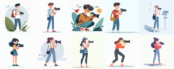 Cartoon Characters with Cameras – Photography Hobby & Outdoor Photographer Illustration Collection