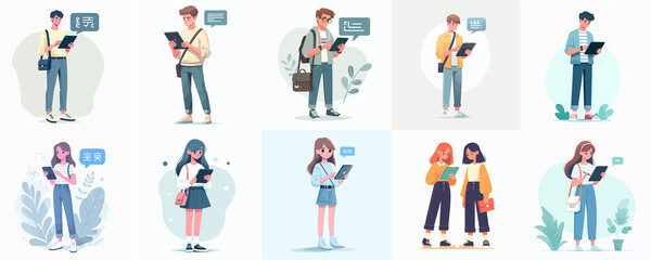 Cartoon Students Using Tablets for Language Learning and Communication – Educational Technology Illustration Set

