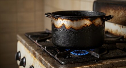 Burned pot sitting on a dirty stove with blue flame in kitchen  