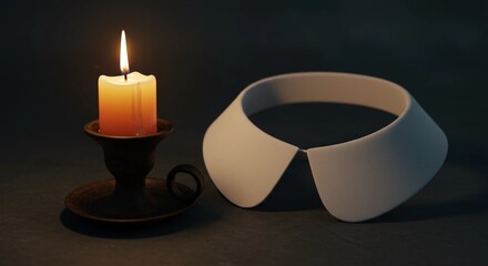 Collar placed beside burning candle in dark setting  