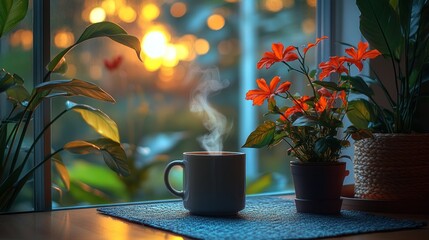 Warm drink by window at sunset