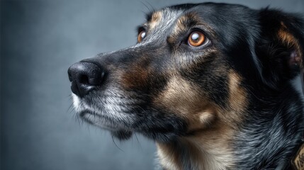 Fototapeta premium Calm and intense gaze of a dog with dark fur against a gray background