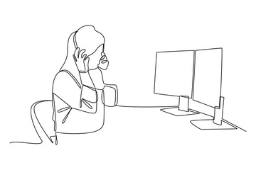 Continuous one line drawing a female officer in the space control room. Professional job profession minimalist concept. Single line draw design vector graphic illustration