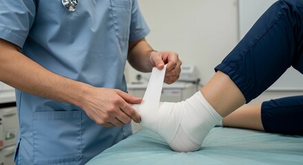 Medical professional wrapping ankle with bandage in clinic setting  