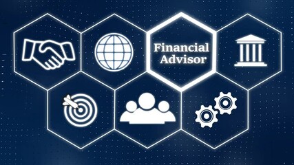 A Financial Advisor concept button on a futuristic. Abstract seamless animation of mesh glowing dots digital luxurious wave particles flows background. Motion of digital data flow. - Powered by Adobe