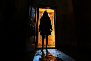 Silhouette of a person standing in the doorway of a haunted house