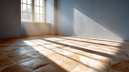 Bright, empty room with sunlight streaming through large windows, casting shadows on tiled floor and creating warm, inviting atmosphere. room has plain walls and clean, minimalistic look