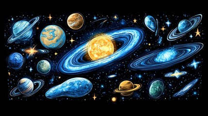 Cosmic collection of planets, stars, and nebulas