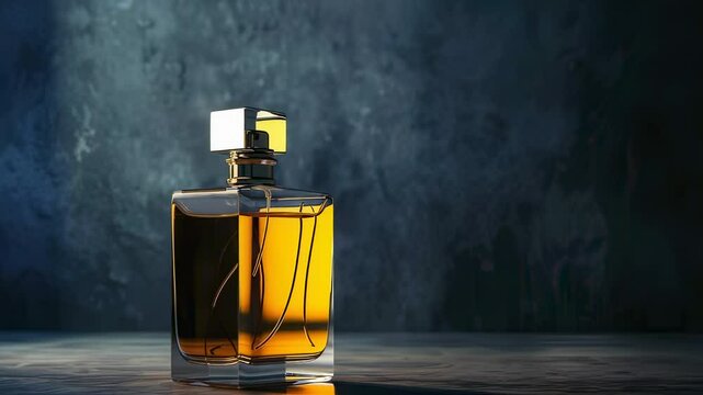 Elegant perfume bottle with golden liquid on a textured surface, dramatic lighting, product shot