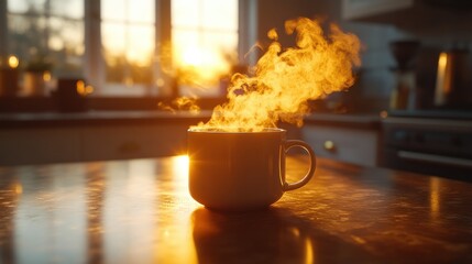 Warm mug of steaming coffee in kitchen at sunset