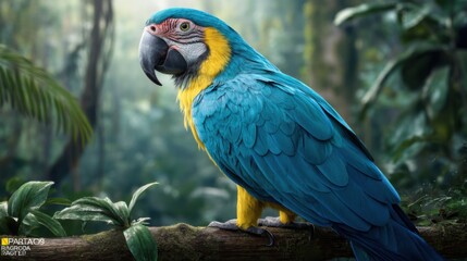 Obraz premium Blue and yellow macaw perched on a branch in the rainforest