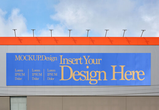 Blank billboard Signage on Cloudy Building. PSD Mockup