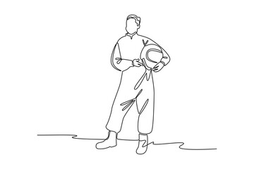 Continuous one line drawing of astronaut take a pose before fly to space. Professional job profession minimalist concept. Single line draw design vector graphic illustration