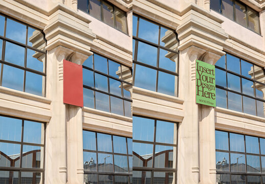 Bussines retail sign over facade of elegant glass windows and columns. PSD Mockup