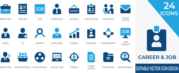 A professional icon set focused on job search, career development, and recruitment. Includes resume, interview, hiring, and candidate icons ideal for HR, employment platforms and business presentation