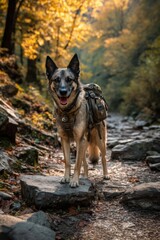 Autumn adventure with a german shepherd hiking in forested mountains