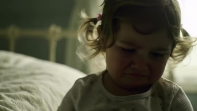 A Little Girl's Sadness A Close-Up Portrait of a Toddler Crying on her Bed