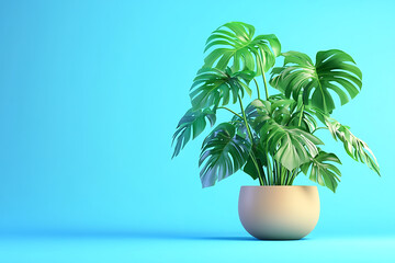 Obraz premium Lush green monstera plant in a minimalist pot against a vibrant blue background