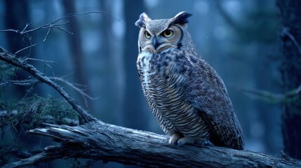 Great horned owl resting on a branch in a dark forest at twilight