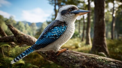 Blue winged kookaburra perched on a branch in the forest