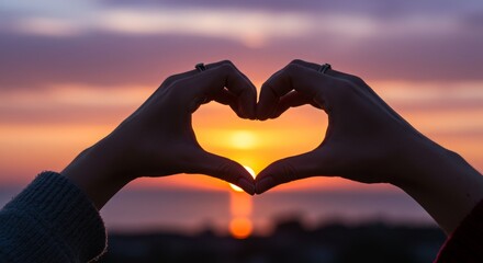 Hands forming heart shape against sunset in evening sky  